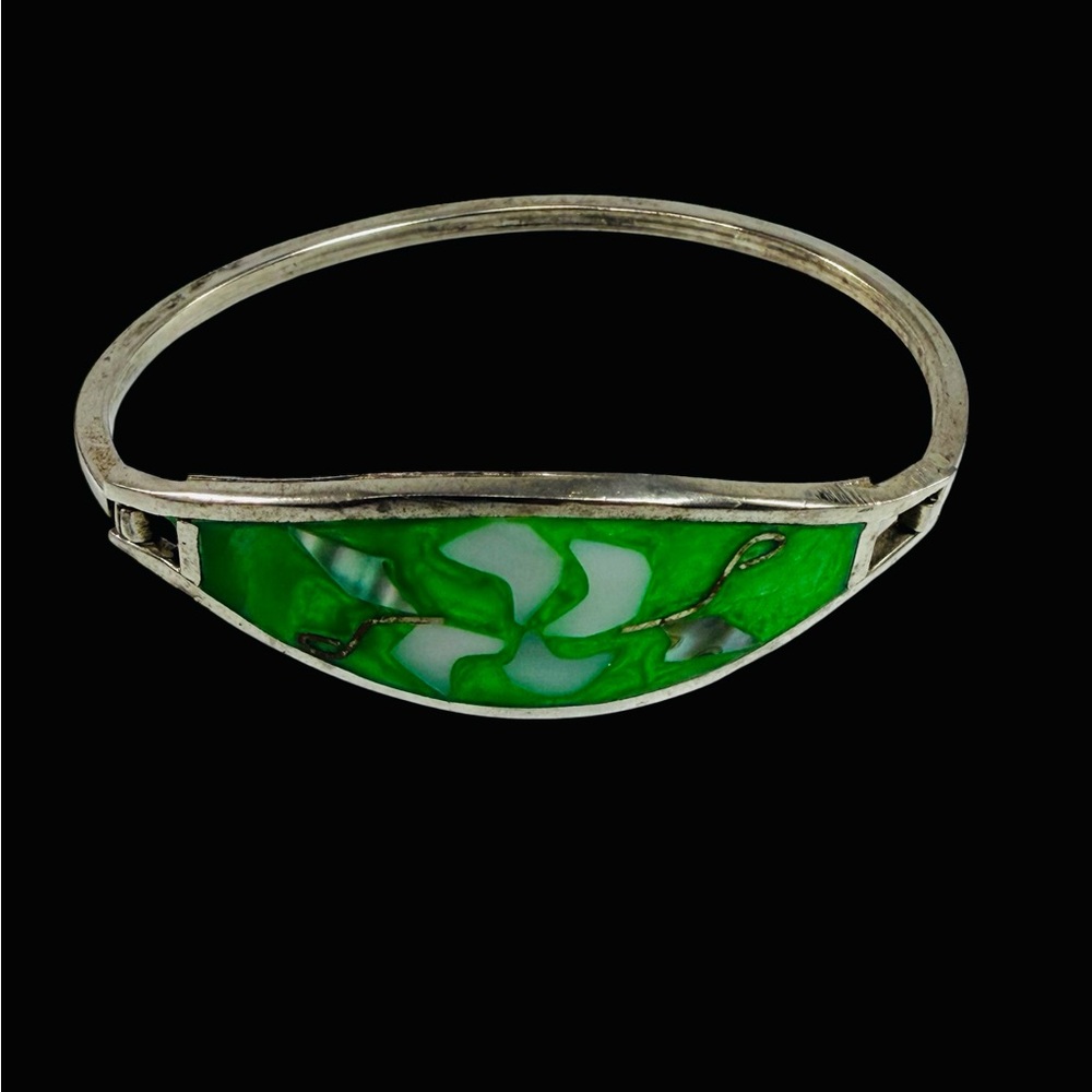 Vintage Green White Mother of Pearl Inlay Floral Bangle Bracelet Alpaca Silver